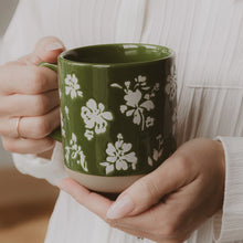 Load image into Gallery viewer, Green Floral Stoneware Coffee Mug