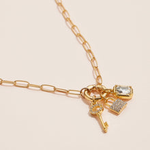 Load image into Gallery viewer, Gold Dipped Charm Necklace with Key and Gemstone Accents