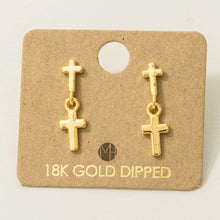 Load image into Gallery viewer, Gold Dipped Mini Cross Dangle Drop Earrings