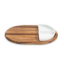 Load image into Gallery viewer, Acacia Wood Charcuterie Serving Tray with 2 Triangular Ceramic Bowls