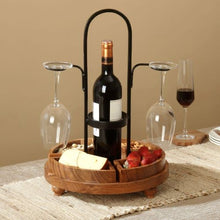 Load image into Gallery viewer, Wood & Metal Wine Bottle & Glass Server