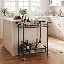 Load image into Gallery viewer, Black Metal Bar Cart with 2 Glass Shelves