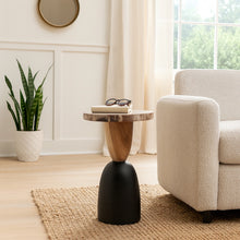 Load image into Gallery viewer, Side Table with Tan & Black Suar Wood Geometric Base