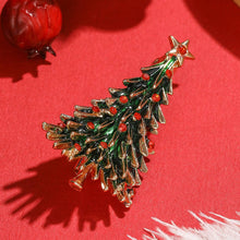 Load image into Gallery viewer, Green Enamel Christmas Tree Brooch with Red Rhinestones