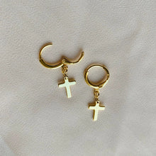 Load image into Gallery viewer, Cross Huggie Hoops Gold Cross Charm Earrings
