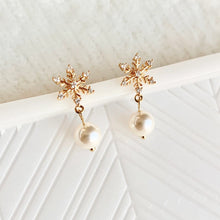 Load image into Gallery viewer, Pearl Snowflake Dangle Earrings