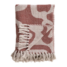 Load image into Gallery viewer, Woven Recycled Cotton Blend Jacquard Throw w/ Abstract Pattern & Fringe, Natural & Red/Brown