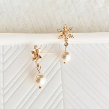 Load image into Gallery viewer, Pearl Snowflake Dangle Earrings