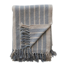 Load image into Gallery viewer, Blue & Natural Woven Recycled Cotton Blend Throw with Stripes & Fringe