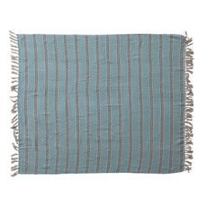 Load image into Gallery viewer, Teal & Navy Blue Stripe Woven Recycled Cotton Striped Throw with Fringe