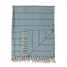 Load image into Gallery viewer, Teal & Navy Blue Stripe Woven Recycled Cotton Striped Throw with Fringe
