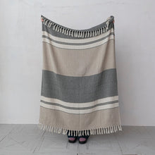 Load image into Gallery viewer, Woven Recycled Cotton Striped Throw with Fringe (Beige, Grey & Cream)