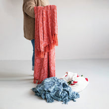 Load image into Gallery viewer, Pink & Red Woven Recycled Cotton Blend Jacquard Throw with Floral Pattern & Fringe