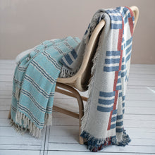 Load image into Gallery viewer, Teal & Navy Blue Stripe Woven Recycled Cotton Striped Throw with Fringe