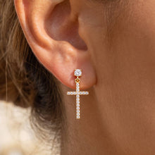 Load image into Gallery viewer, Pave Cz Cross Dangle Drop Earrings