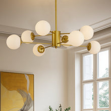 Load image into Gallery viewer, 8-Light Gold Chandelier with White Glass, Mid-Century Design
