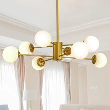 Load image into Gallery viewer, 8-Light Gold Chandelier with White Glass, Mid-Century Design