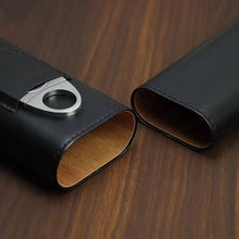 Load image into Gallery viewer, Genuine Leather Cigar Case, Wood Lined Humidor with Cutter