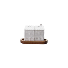 Load image into Gallery viewer, Stoneware House Shaped Salt & Pepper Shakers with Wood Tray