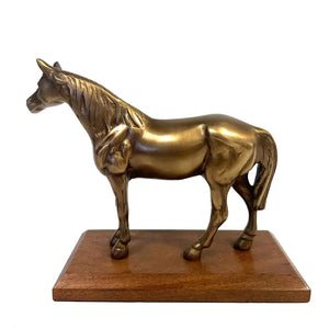 Antiqued Brass Horse On Wood Stand