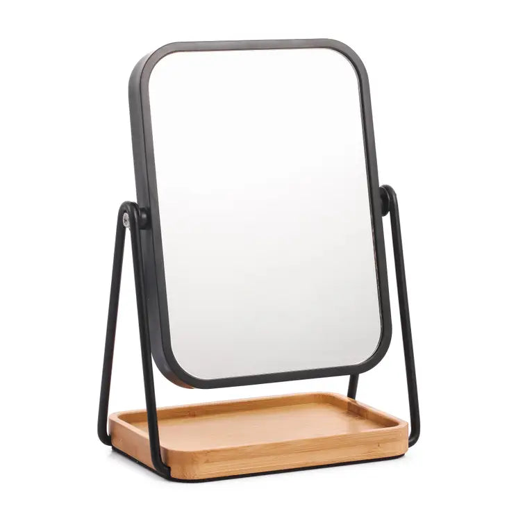 Black Makeup Mirror w/ Bamboo Storage Tray