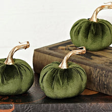 Load image into Gallery viewer, 4 in Green Velvet Pumpkin with Golden Stem
