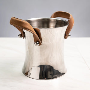 Polished Stainless Steel Ice Bucket w/ Leather Handles