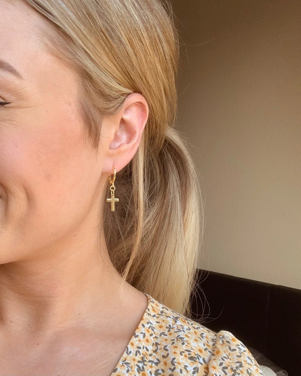 Cross Huggie Hoops Gold Cross Charm Earrings