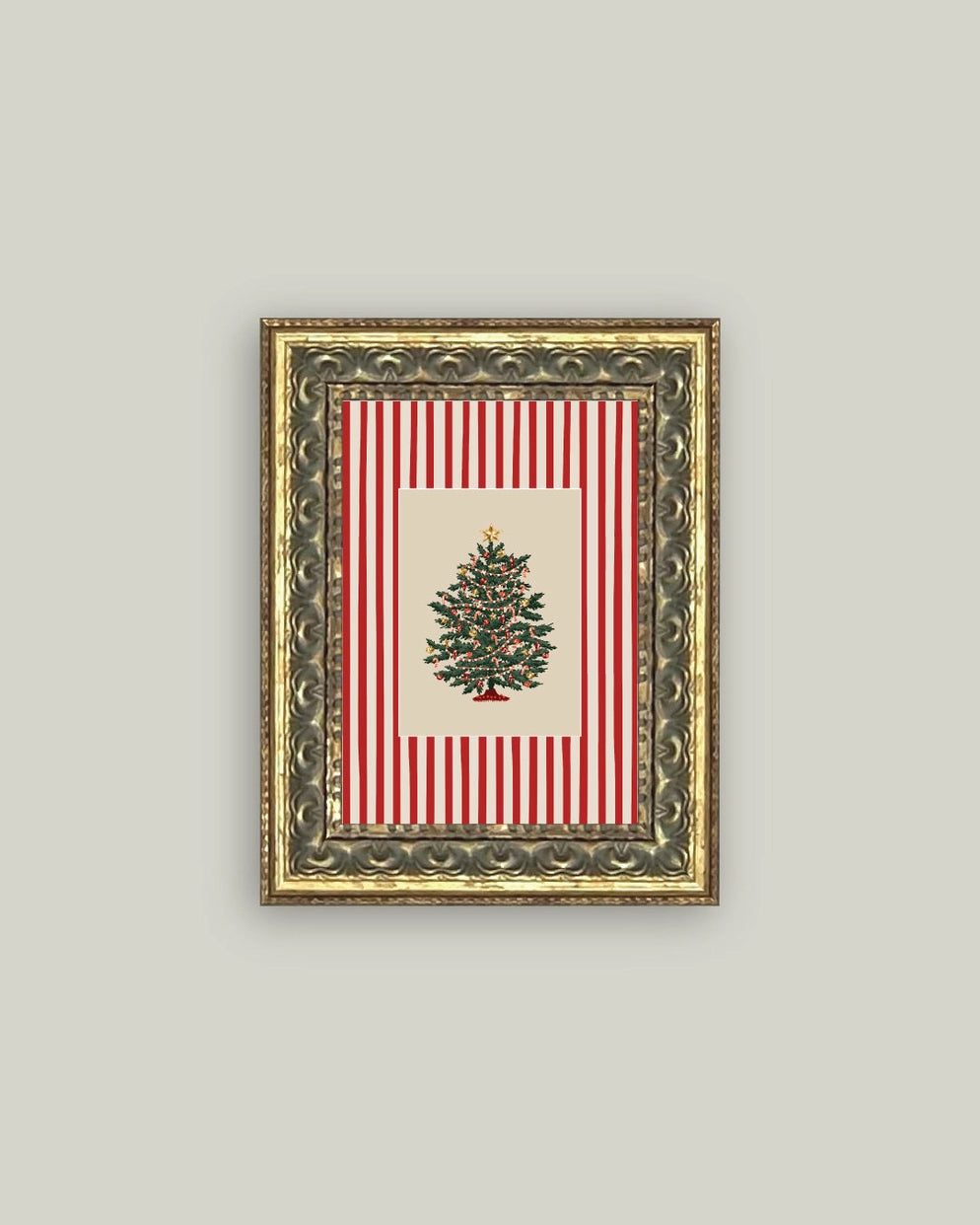 Peppermint Stripe Tree Framed Antique Art 5x7