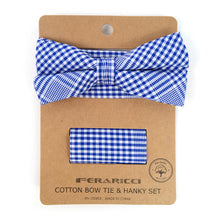 Load image into Gallery viewer, Plaid Cotton Bow Tie &amp; Pocket Square-Blue &amp; White

