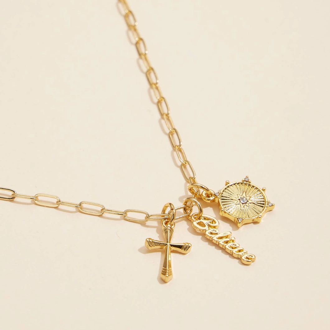 Cross, Believe, and Compass Gold Dipped 18K Charms Necklace