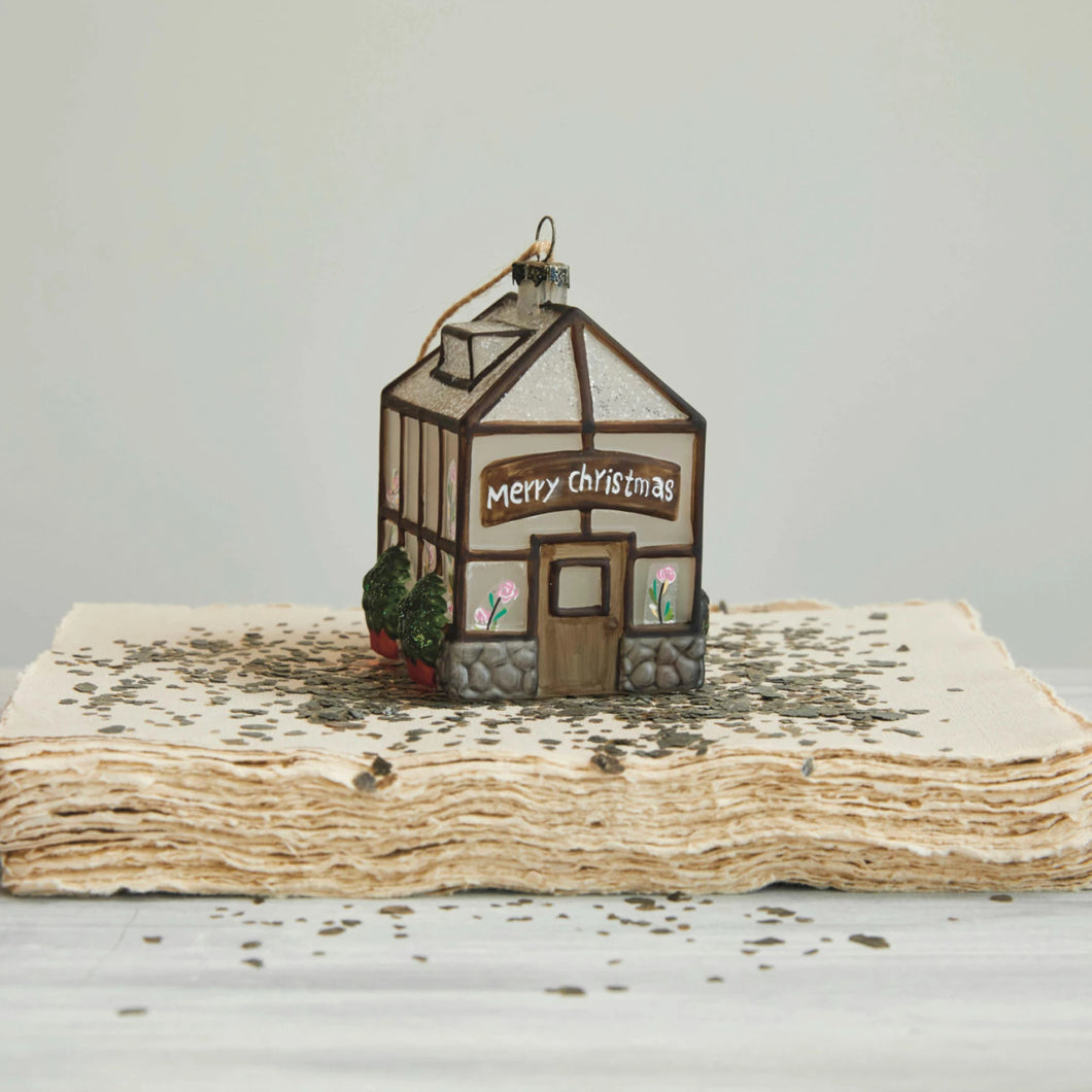 Hand-Painted Glass Greenhouse Ornament w/ Glitter 