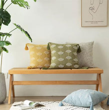 Load image into Gallery viewer, Hand Beaded Embroidery Ginkgo Leaf Throw Pillow with Tassel 18" W x 18" L [Online Only]
