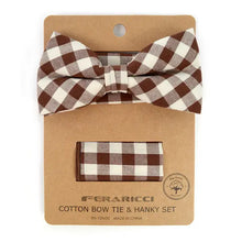 Load image into Gallery viewer, Plaid Cotton Bow Tie &amp; Pocket Square-Brown &amp; White
