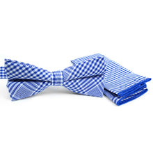 Load image into Gallery viewer, Plaid Cotton Bow Tie &amp; Pocket Square-Blue &amp; White
