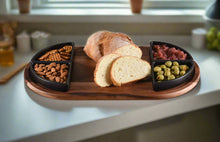 Load image into Gallery viewer, Acacia Wood Charcuterie Serving Tray w/ 4 Triangular Ceramic Bowls [Online Only]
