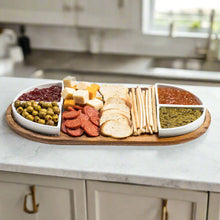 Load image into Gallery viewer, Acacia Wood Charcuterie Serving Tray w/ 4 Triangular Ceramic Bowls [Online Only]
