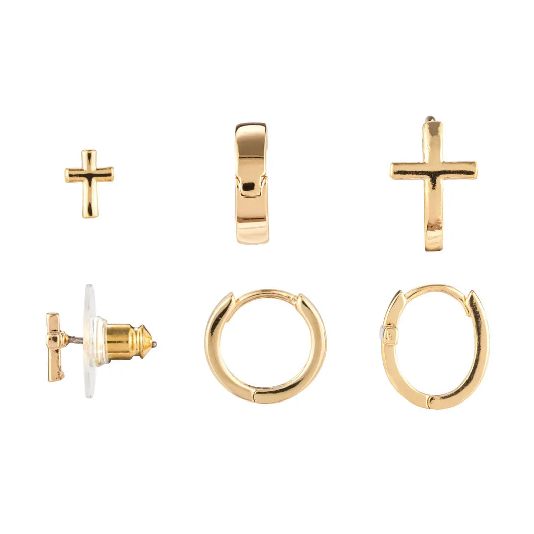 Dainty Cross Earrings Set of 3 - Gold