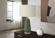 Load image into Gallery viewer, Contemporary Green Ceramic Table Lamp with Ivory Linen Shade [Online Only]
