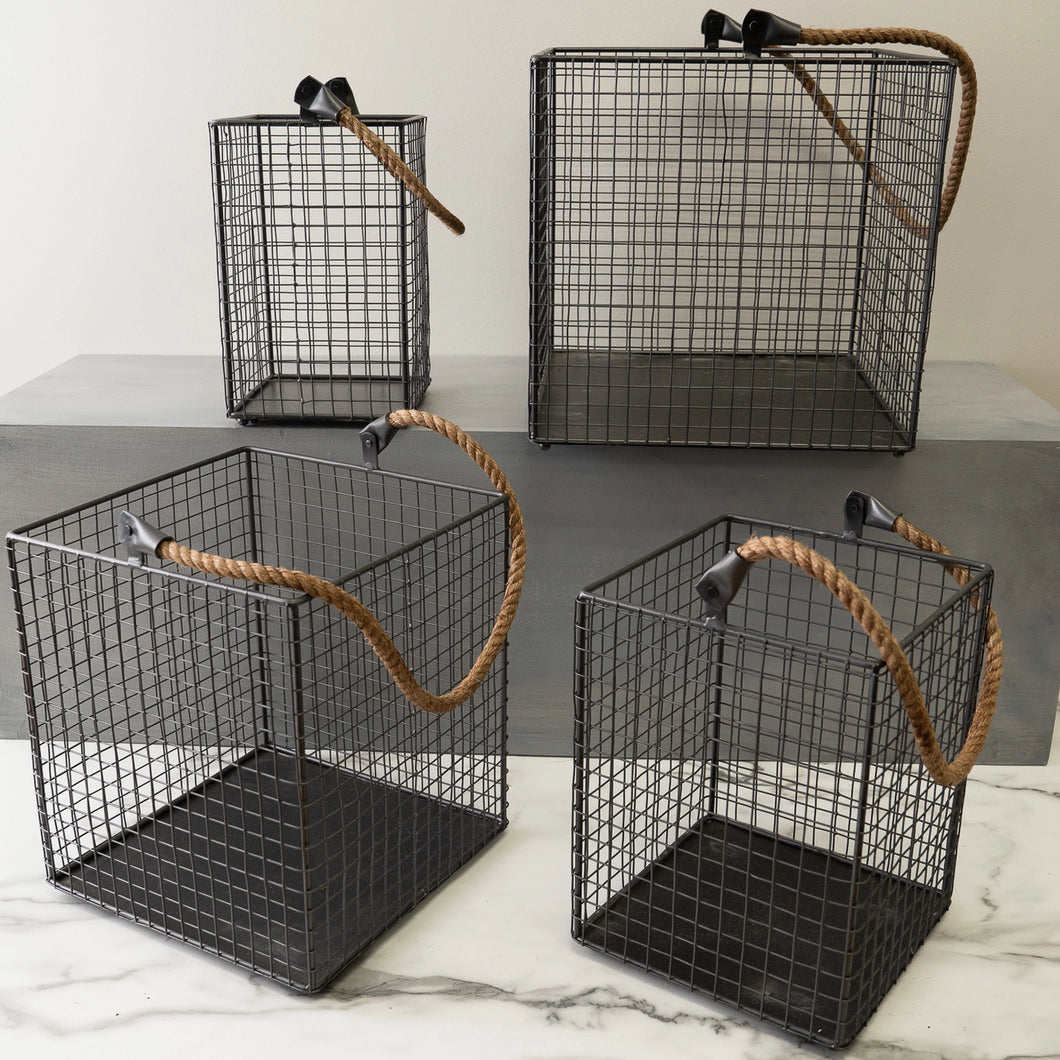 Black Iron Tall Square Baskets w/ Jute Handles (4 Sizes)