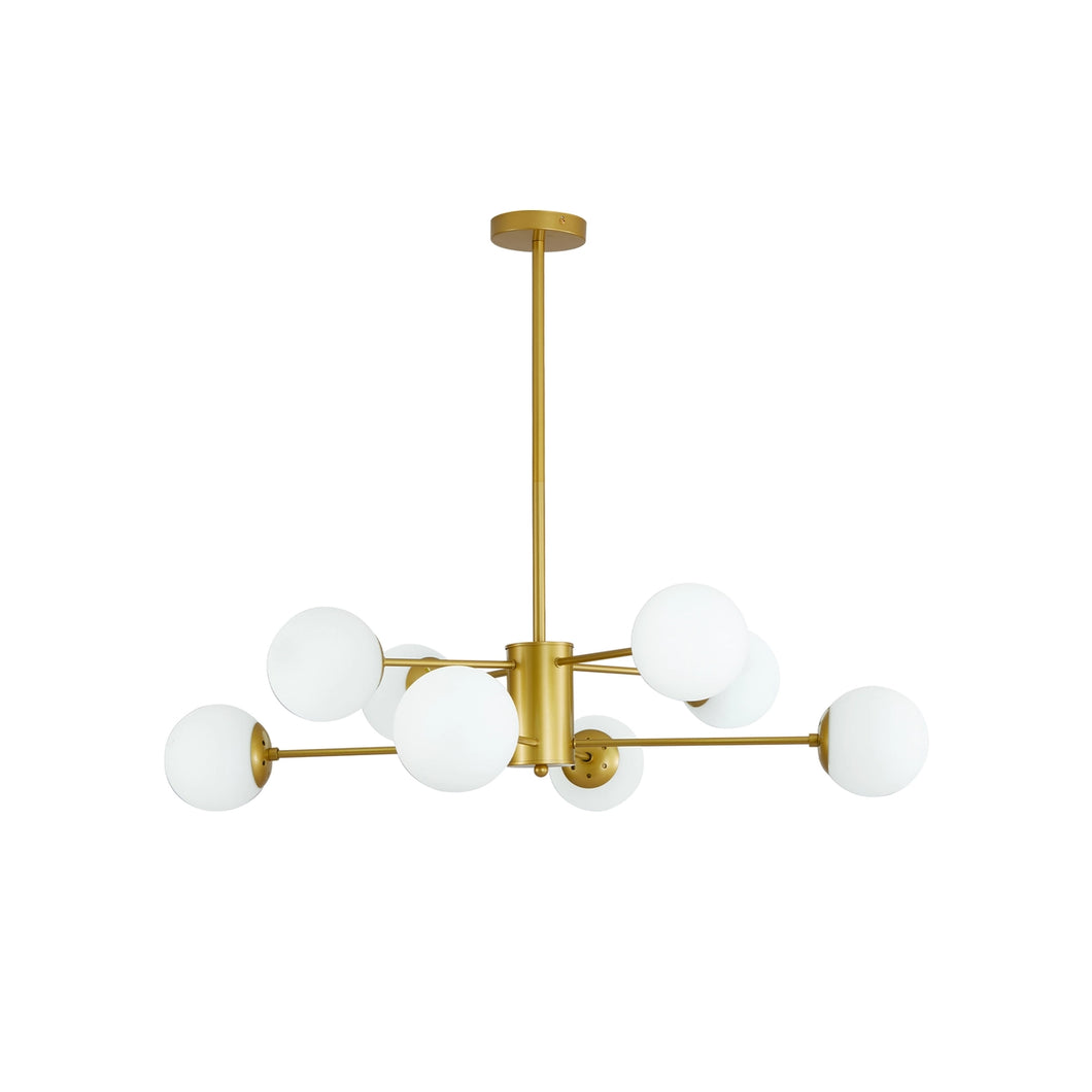 8-Light Gold Chandelier with White Glass, Mid-Century Design