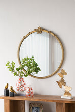 Load image into Gallery viewer, 30x31" Round Wall Mirror with Gold Finish and Decorative Leaf Crest [Online Only]

