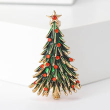 Load image into Gallery viewer, Green Enamel Christmas Tree Brooch with Red Rhinestones
