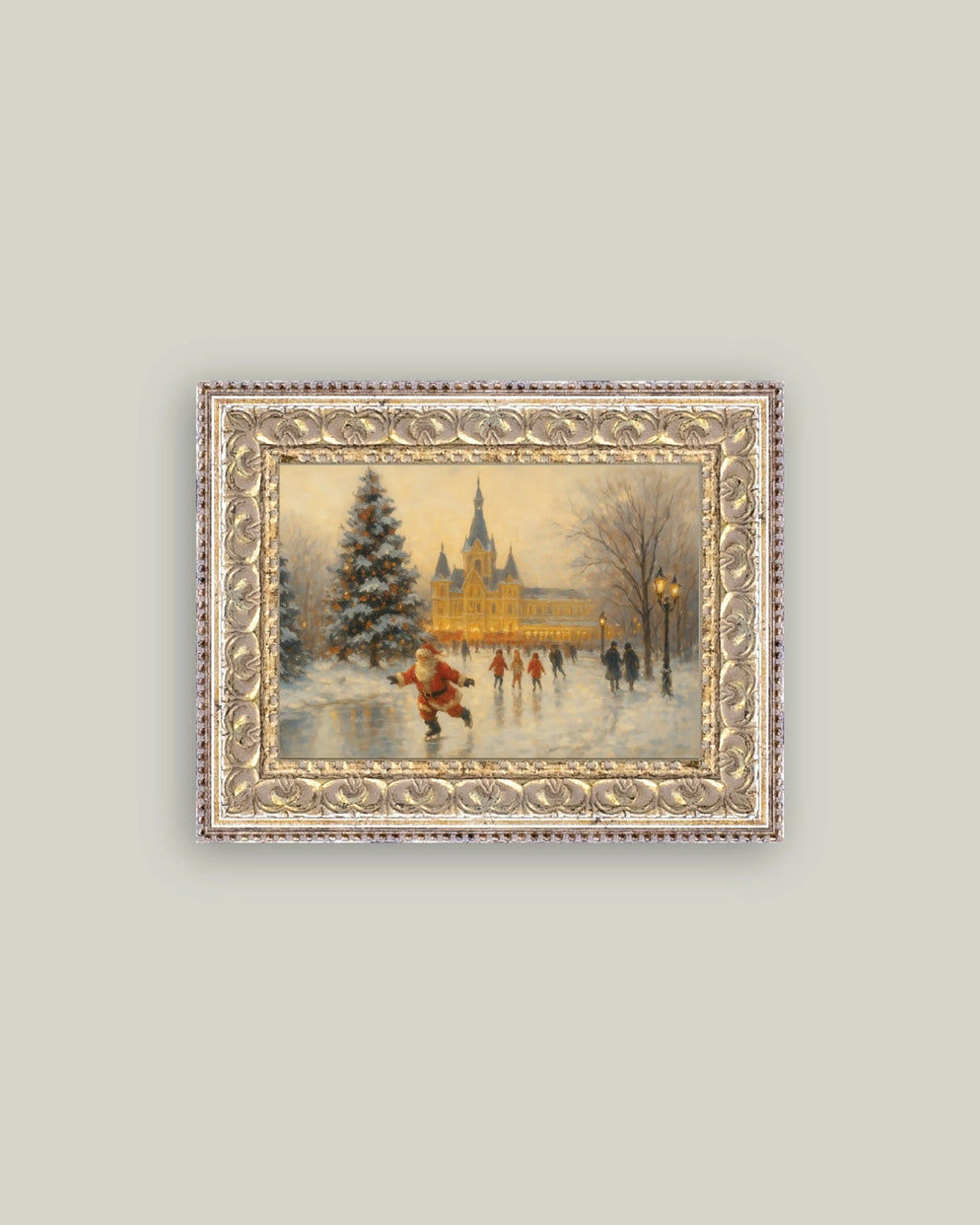 Skating Santa Framed Antique Art 7x5