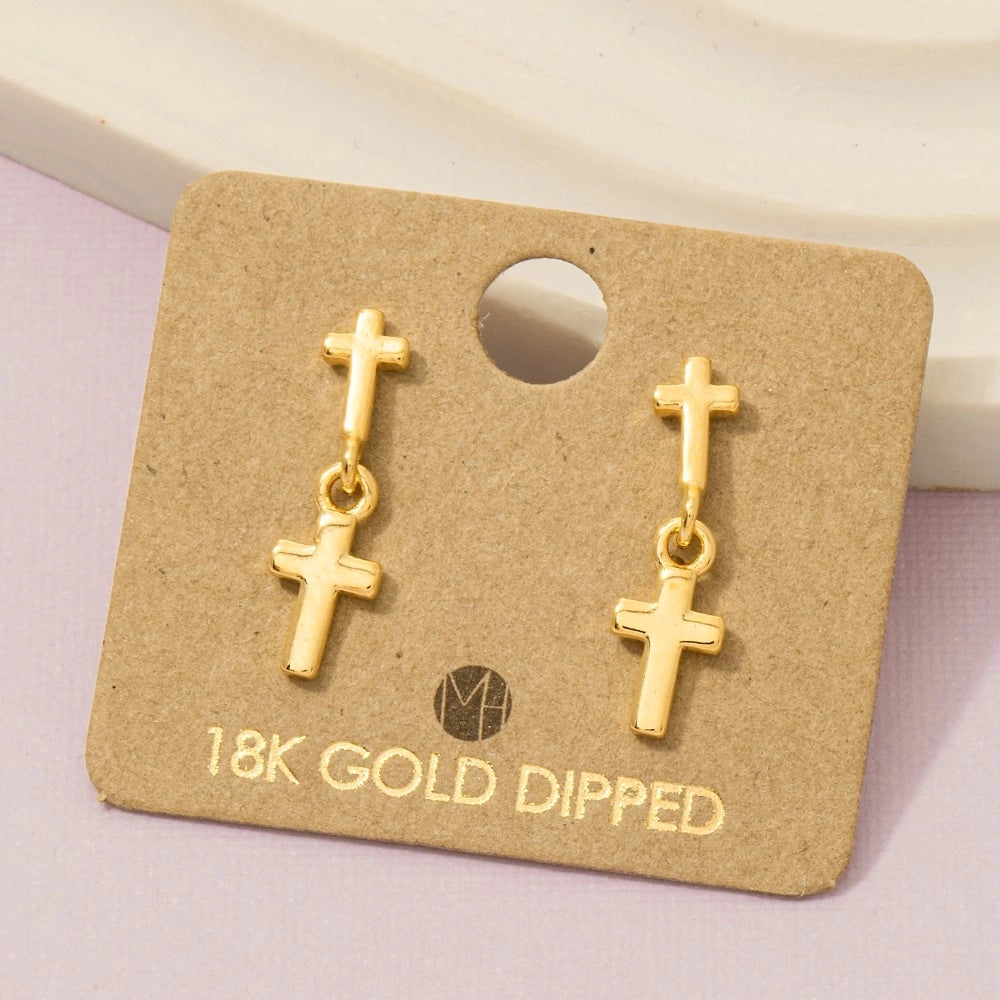 Gold Dipped Mini Cross Dangle Drop Earrings
