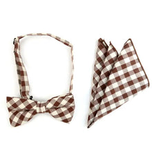 Load image into Gallery viewer, Plaid Cotton Bow Tie &amp; Pocket Square-Brown &amp; White
