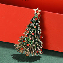 Load image into Gallery viewer, Green Enamel Christmas Tree Brooch with Red Rhinestones
