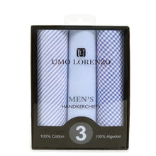 Load image into Gallery viewer, Men's Cotton Solid, Striped &amp; Plaid Blue Handkerchiefs 3 Pcs Set

