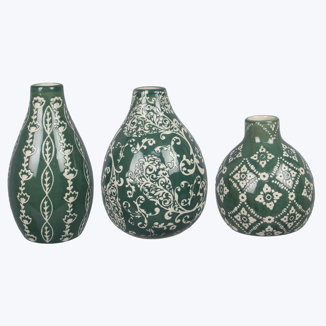 Green Stoneware Hand Stamped Design Mini Vase (3 Sizes)