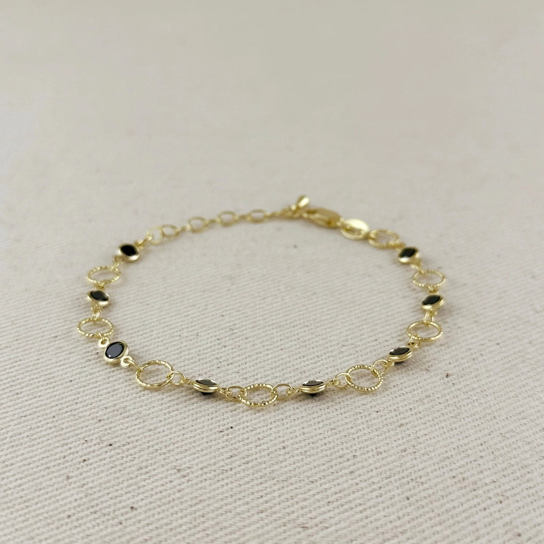 18k Gold Filled Black Bezel Cz & Circles Bracelet